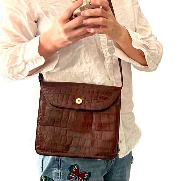 Alligator Italy Brown Leather Joan & David Lining Crocodile Crossbody Bag VTG - Picture 2 of 10